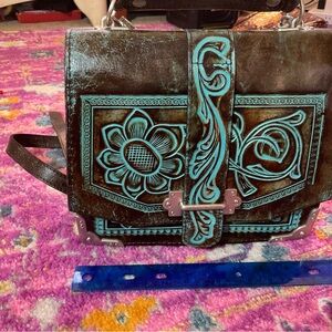 Patricia Nash Brown and Blue Floral Leather Satchel